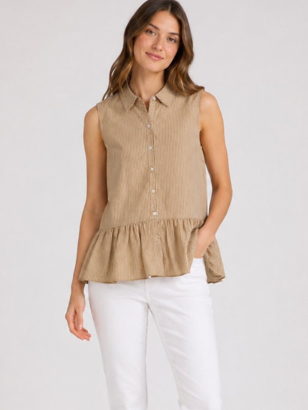LOGO Lori Goldstein XS Beige Striped Ruffle Sleeveless Poplin Boho Blouse
